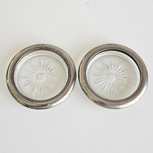 Leonard Silverplate Coasters Set of 2 – 4” Round Glass Insert Starburst Design